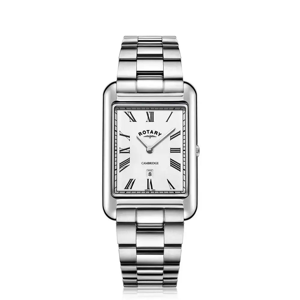 Rotary Cambridge GB05280/01 rectangular quartz dress watch with white Roman numeral dial and stainless steel bracelet