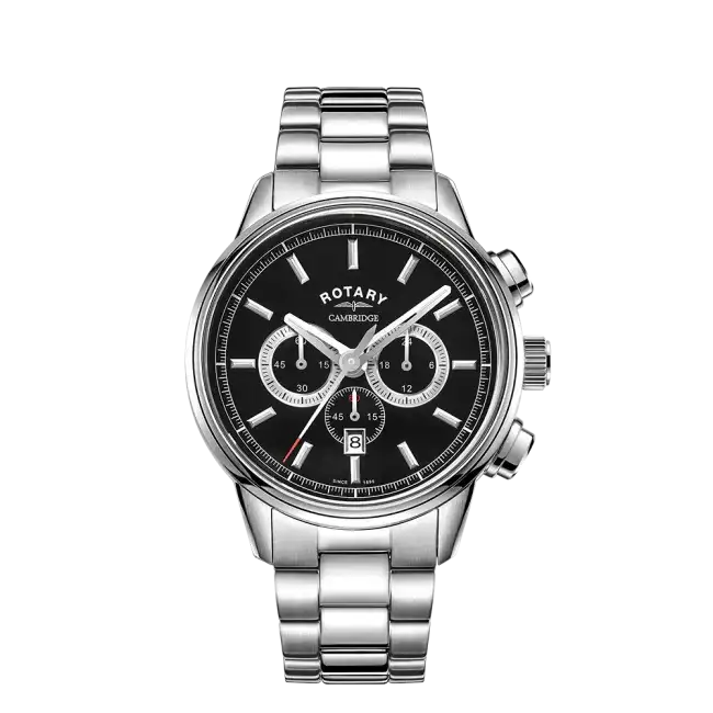 Rotary Cambridge GB05395/04 chronograph watch with black dial, stainless steel case and bracelet, three sub-dials, and date window