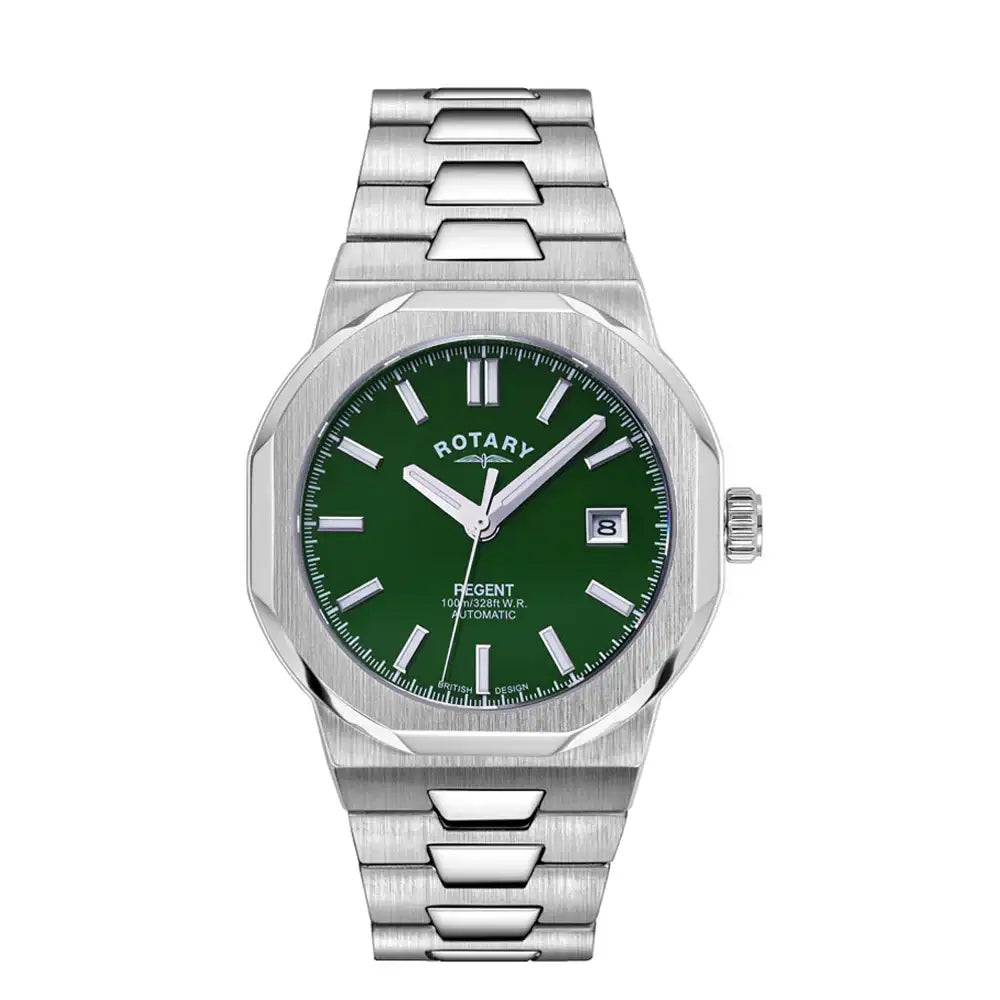 Rotary Regent GB05410/24 automatic watch with green sunburst dial and stainless steel octagonal case on integrated bracelet