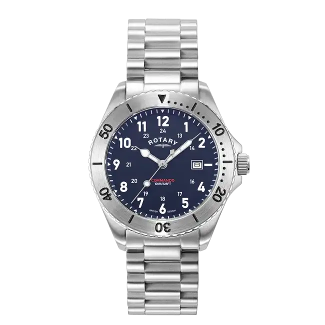 Rotary Commando GB05475/52 blue dial quartz diver's watch with stainless steel case and bracelet, unidirectional rotating bezel, and date window