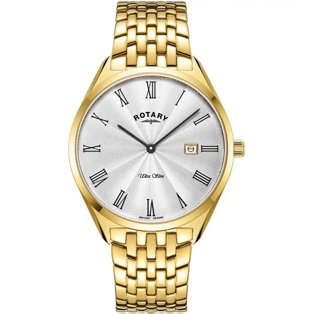 Rotary Ultra Slim 38mm watch with silver guilloché dial and gold-tone steel bracelet