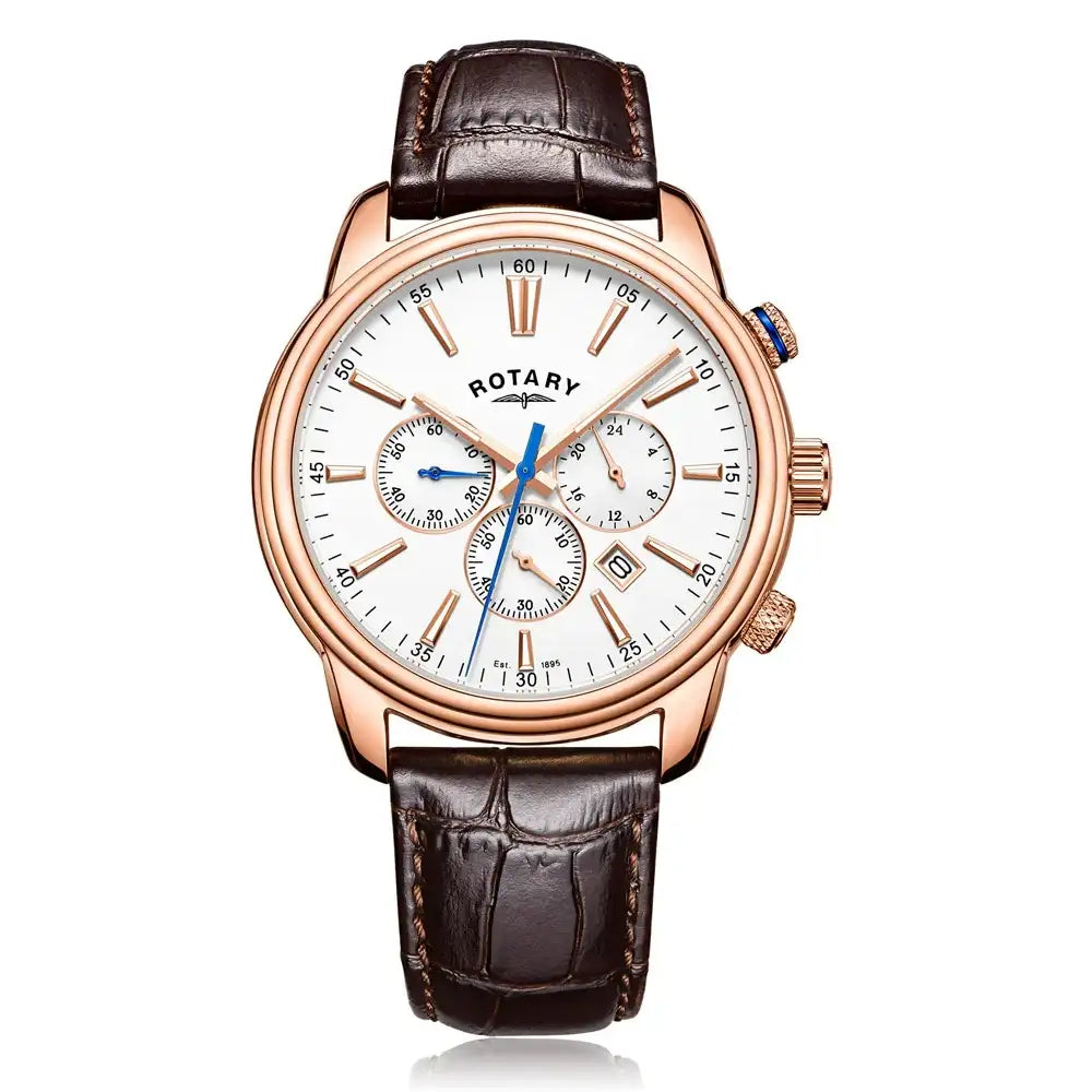 Rotary Henley GS05084/06 men's quartz chronograph watch with 42mm rose gold PVD case, white dial with blue hands, and brown embossed leather strap