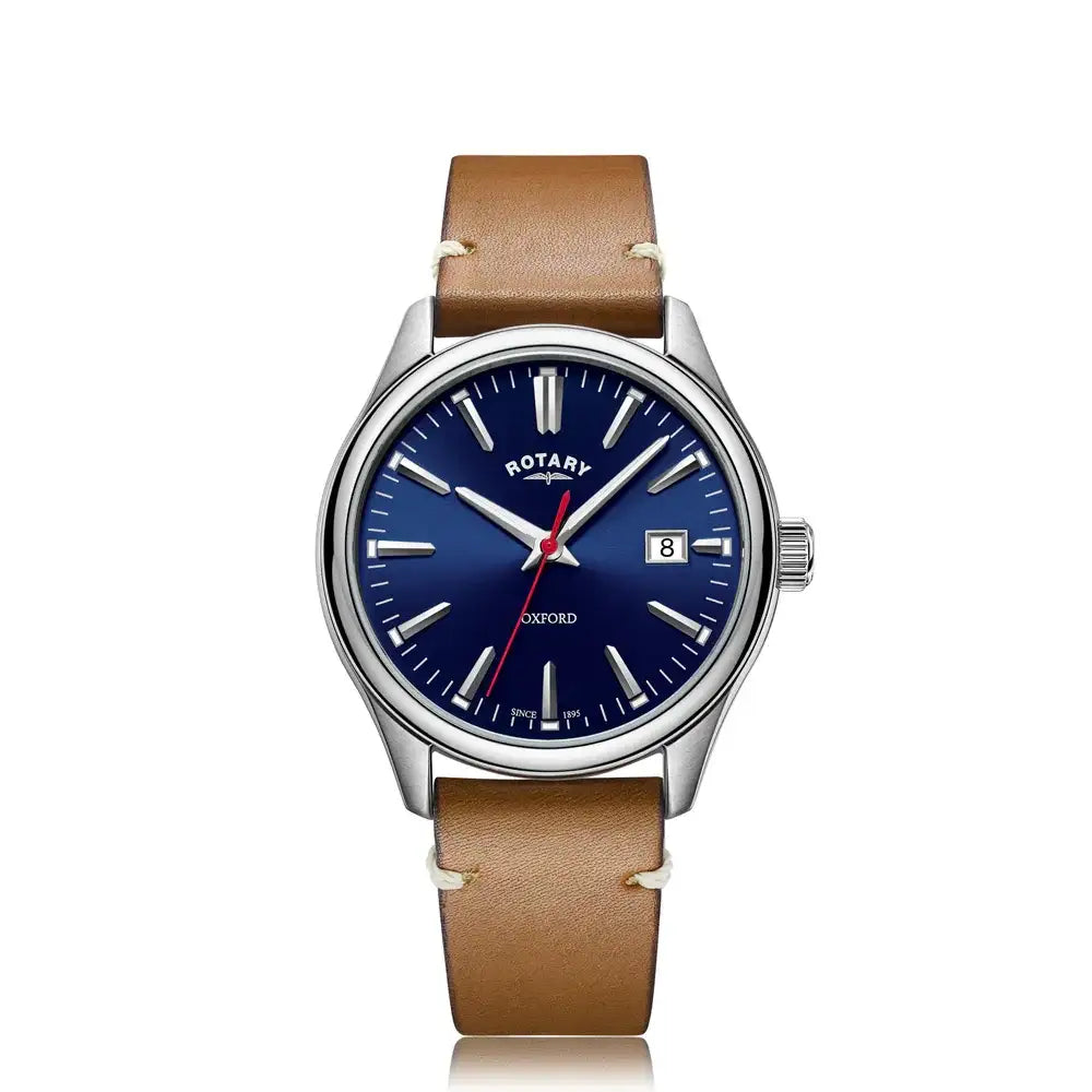 Rotary Oxford GS05092/53 quartz watch with blue sunray dial, tan leather strap, and polished stainless steel case