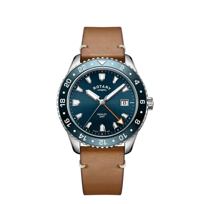 Rotary Henley GMT GS05108/05 quartz watch with blue sunburst dial, bi-directional rotating bezel, and brown leather strap on white background