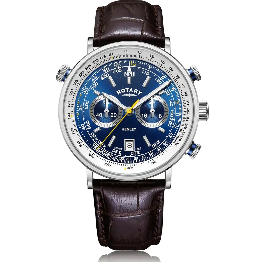 Rotary Henley GS05235/05 quartz chronograph watch with sunburst blue dial, stainless steel case, and brown embossed leather strap