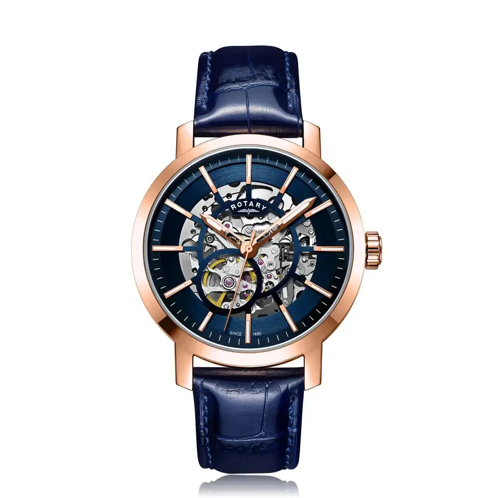 Rotary Greenwich GS05354/05 skeleton automatic watch with rose gold case, blue dial, and blue leather strap