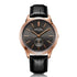 Rotary Cambridge GS05364/20 men's quartz watch with 42mm rose gold PVD stainless steel case, slate grey sunray dial with applied rose gold markers, small seconds sub-dial, and black embossed leather strap