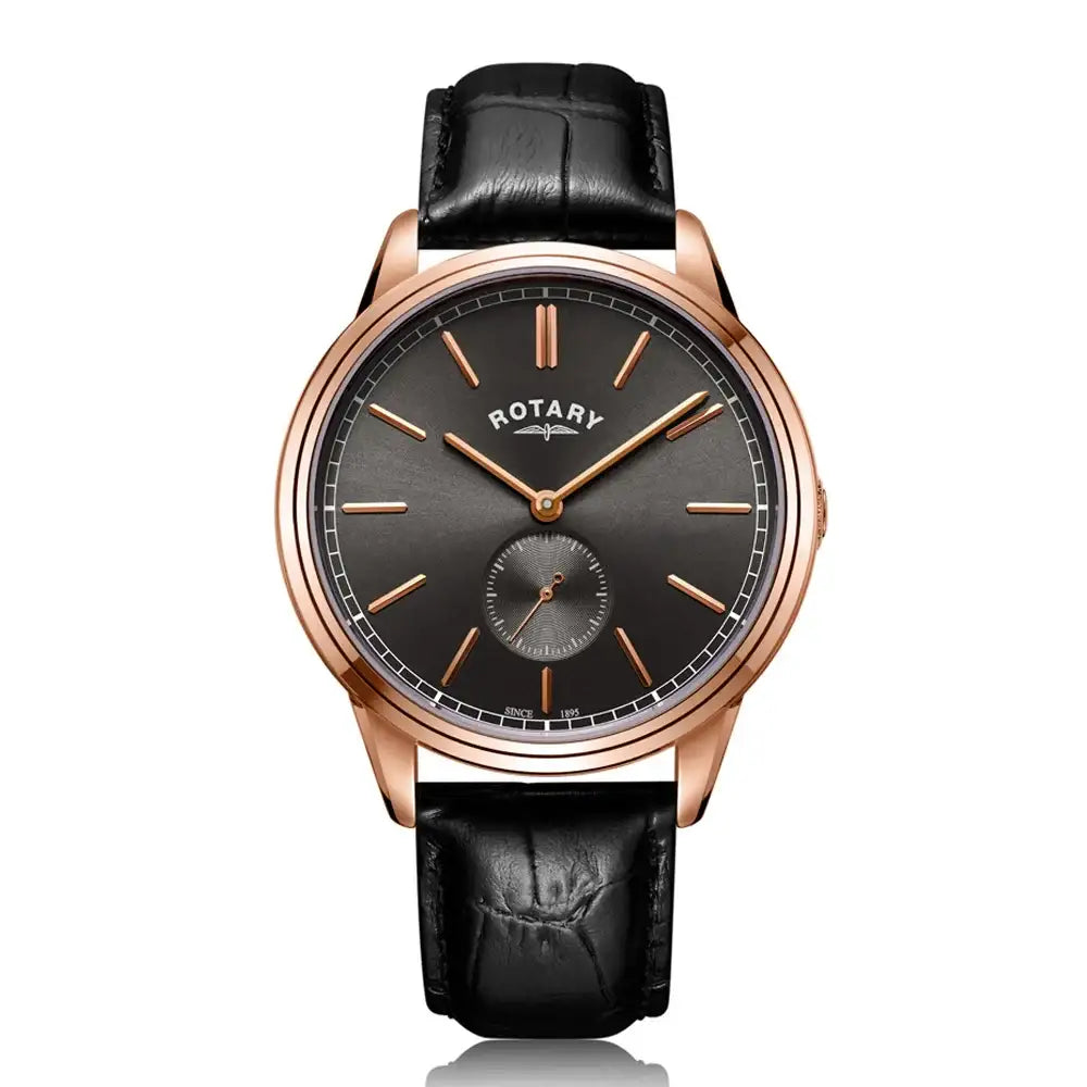 Rotary Cambridge GS05364/20 men's quartz watch with 42mm rose gold PVD stainless steel case, slate grey sunray dial with applied rose gold markers, small seconds sub-dial, and black embossed leather strap