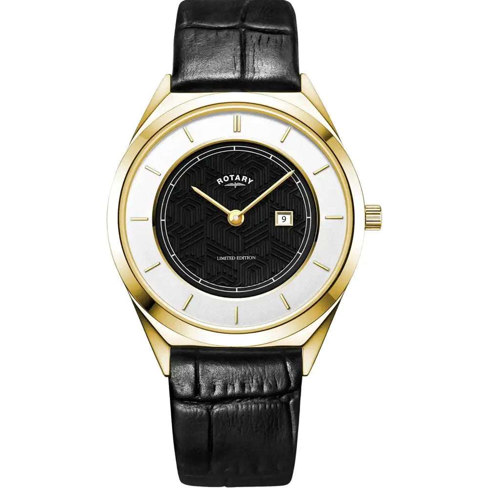 Rotary Ultra Slim GS08007/04 Limited Edition Watch with Black Textured Dial Gold PVD Case and Leather Strap