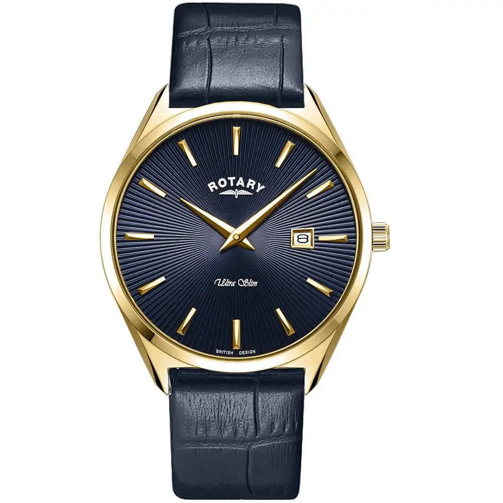 Rotary Ultra Slim GS08013/05 quartz watch with blue guilloché dial, gold PVD case, and navy blue leather strap on white background