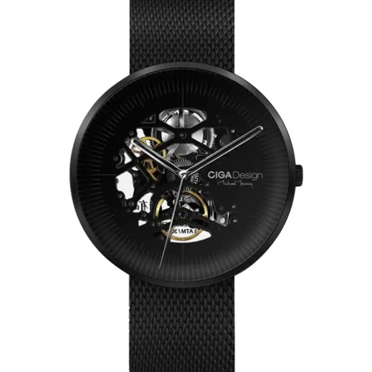 Ciga Design MY Series M021-BLBL-W13 automatic skeleton watch with black IP stainless steel case and mesh bracelet showing exposed Seagull movement