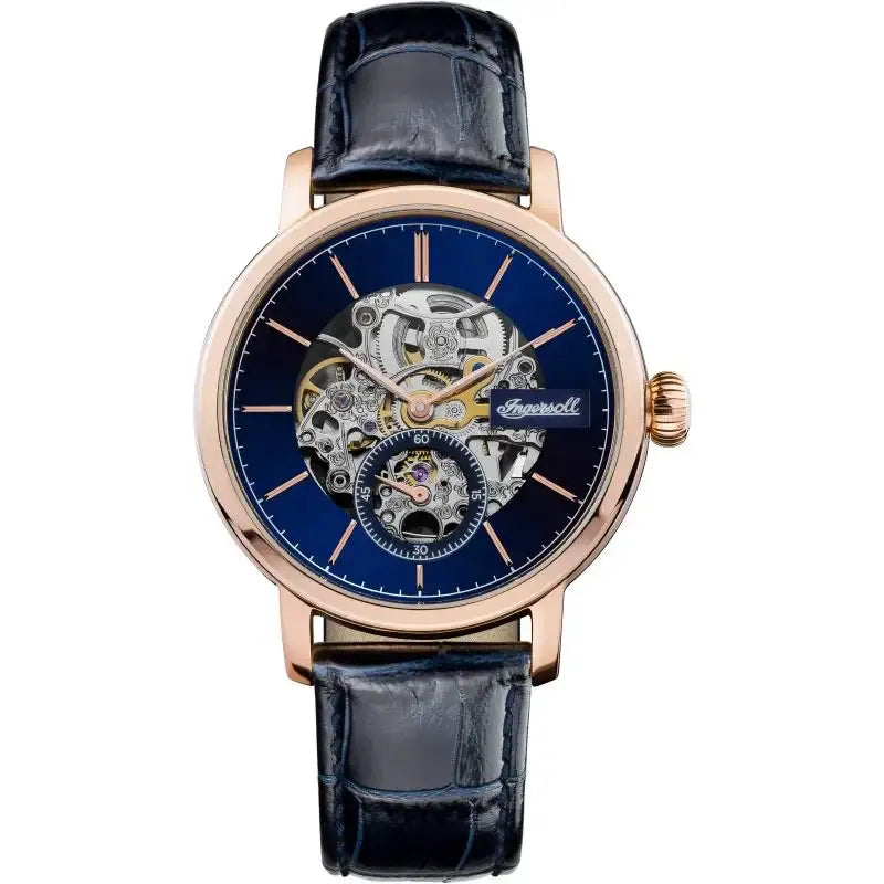 Ingersoll The Smith I05706 automatic skeleton watch with navy blue dial, rose gold case, and navy leather strap