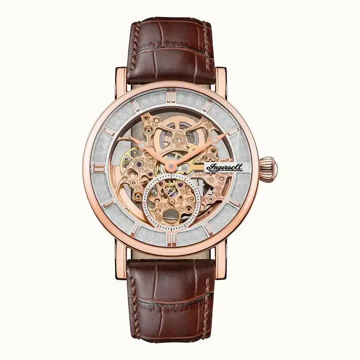 Ingersoll Herald I00401B automatic skeleton dial watch with rose gold PVD case and brown leather strap