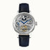 Ingersoll The Jazz I07702 automatic skeleton watch with silver dial, moon phase complication, dual-time subdial, and navy blue leather strap on white background
