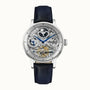 Ingersoll The Jazz I07702 automatic skeleton watch with silver dial, moon phase complication, dual-time subdial, and navy blue leather strap on white background