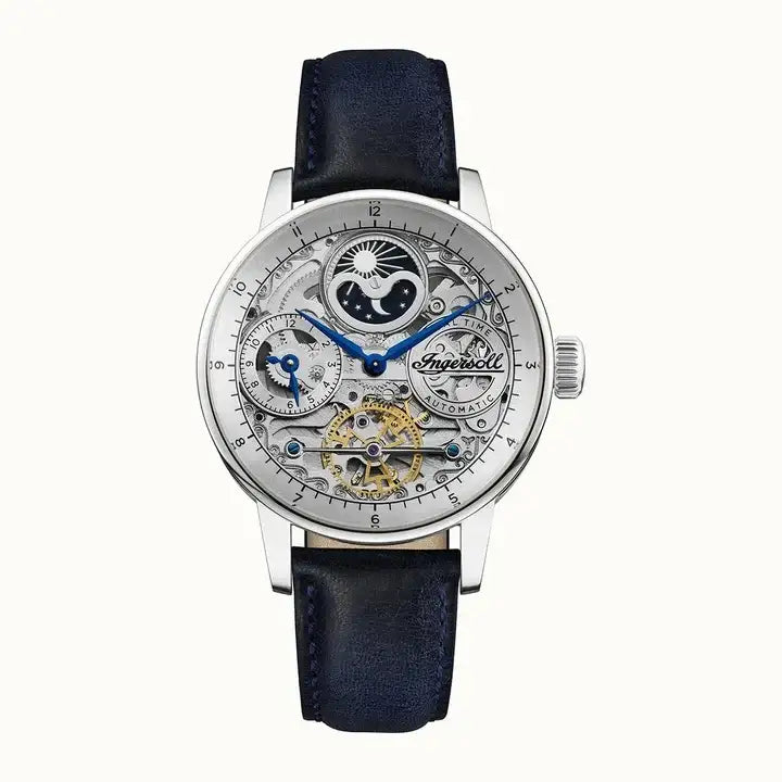 Ingersoll The Jazz I07702 automatic skeleton watch with silver dial, moon phase complication, dual-time subdial, and navy blue leather strap on white background