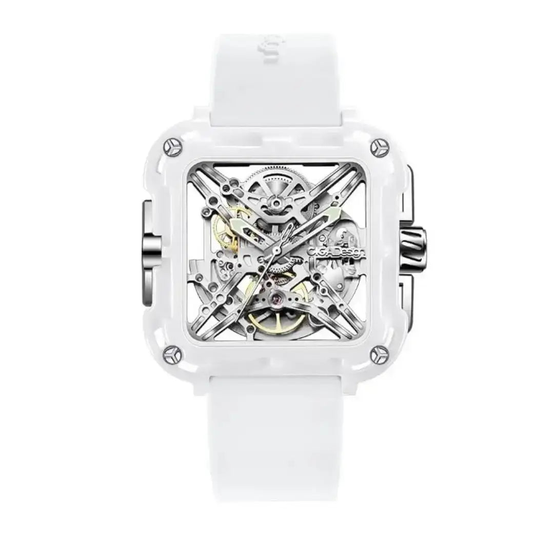 CIGA Design X-Series white ceramic automatic skeleton watch with CD-01 movement and square case