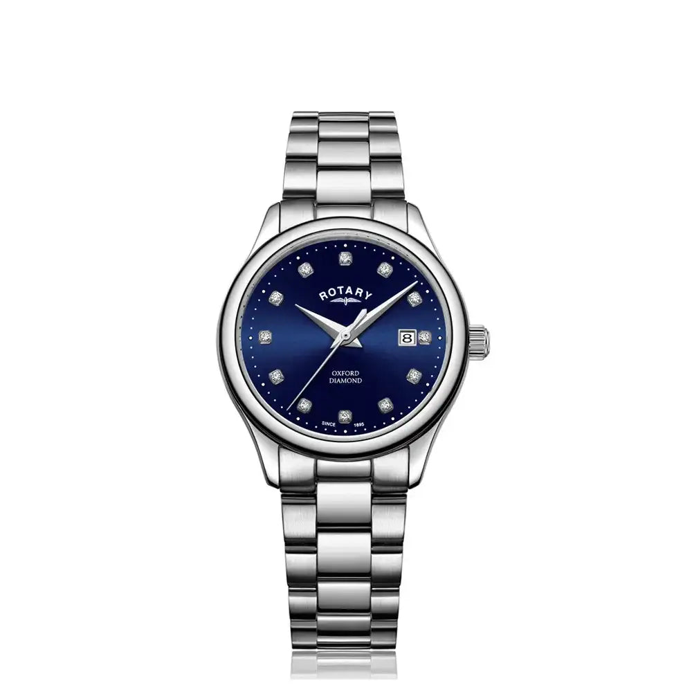 Rotary Oxford LB05092/05/D ladies watch with blue diamond dial and stainless steel bracelet on white background