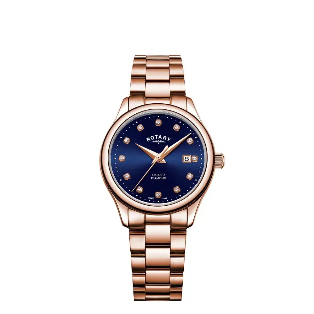 Rotary Oxford LB05096/05 ladies quartz watch with blue diamond dial and rose gold PVD stainless steel bracelet