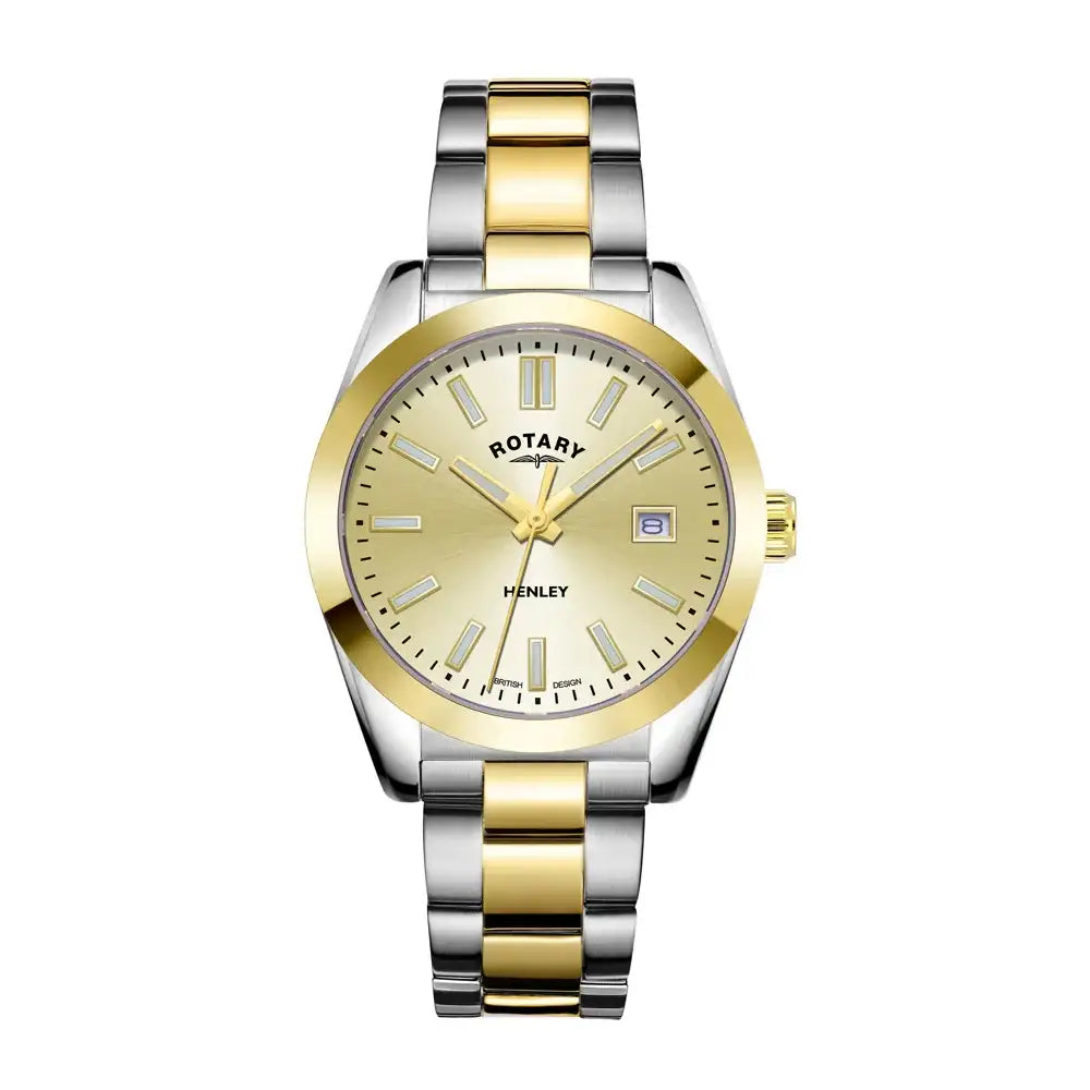 Rotary Henley LB05181/03 two-tone quartz watch with champagne dial, stainless steel and gold PVD case, integrated bracelet, sapphire crystal