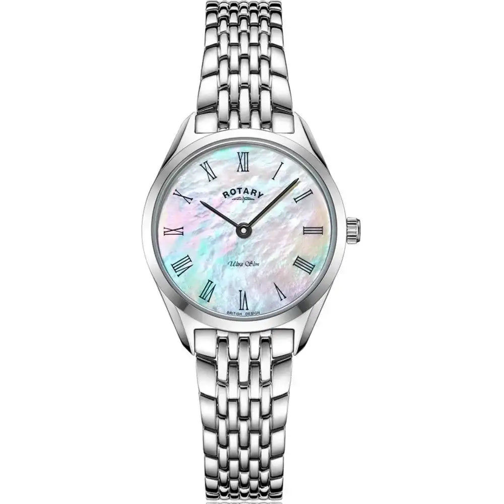 Rotary Ultra Slim LB08010/41 ladies watch with mother of pearl dial, black Roman numerals, and polished stainless steel seven-link bracelet