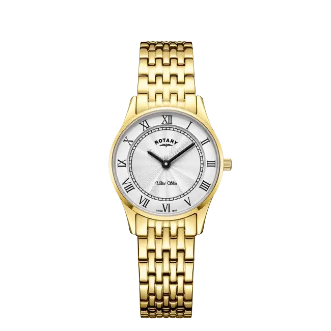 Rotary Ultra Slim LB08303/01 ladies watch with white Roman numeral dial and yellow gold PVD stainless steel case and bracelet
