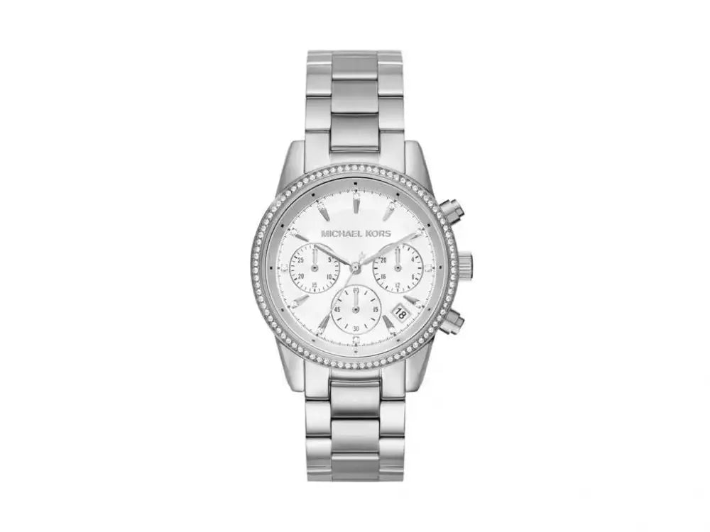Michael Kors Ritz MK6428 ladies chronograph watch with silver dial, stone-set bezel, and stainless steel bracelet