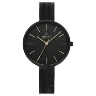 Obaku Viol V211LXBBMB women's quartz watch with black dial, 36mm charcoal stainless steel case, and black mesh bracelet