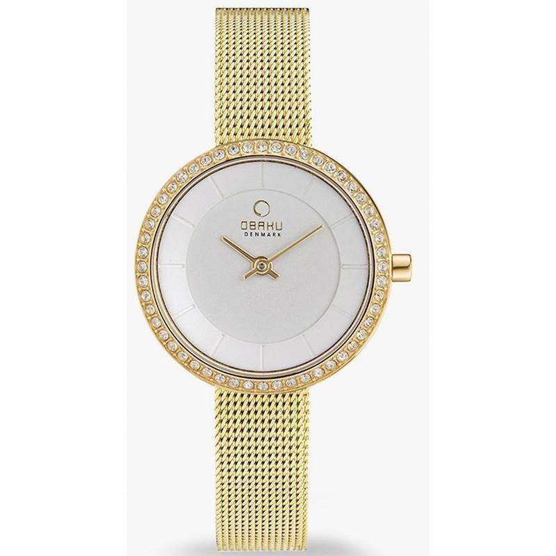 Obaku Stille Glimt V146LEGIMG ladies quartz watch with white dial, crystal-set bezel and gold-tone stainless steel mesh bracelet