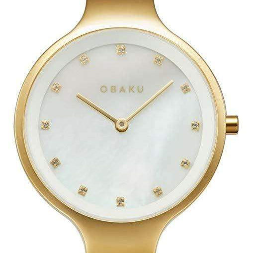 Obaku V173LXGWMC quartz watch with white mother-of-pearl dial, gold-tone case, crystal hour markers, and silver-tone stainless steel mesh bracelet