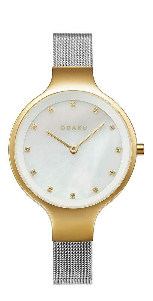 Obaku V173LXGWMC quartz watch with white mother-of-pearl dial, gold-tone case, crystal hour markers, and silver-tone stainless steel mesh bracelet