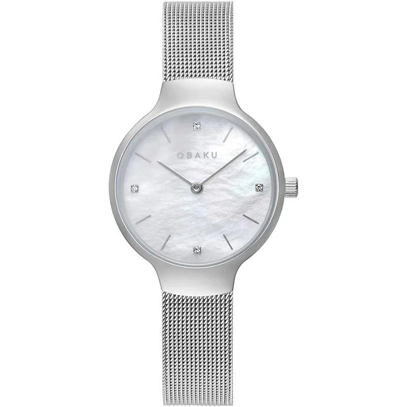 Obaku Vikke V241LXCWMC women's quartz watch with white mother-of-pearl diamond dial and stainless steel Milanese mesh bracelet