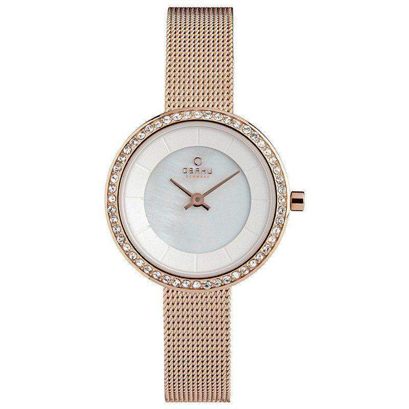 Obaku Stille V146LEVWMV rose gold ladies watch with mother-of-pearl dial, crystal-set bezel and mesh bracelet