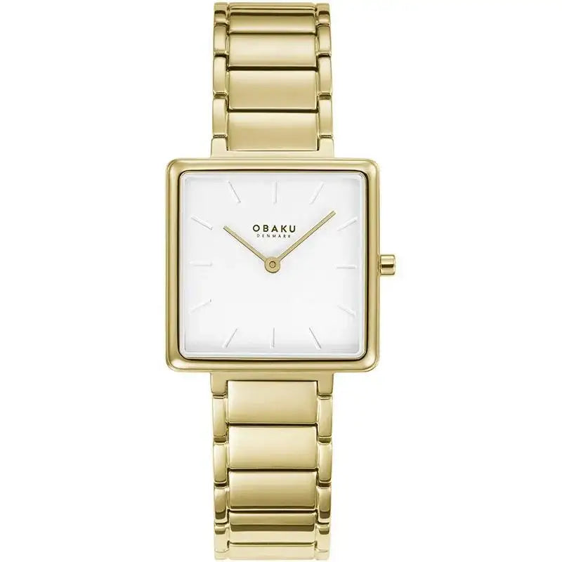 Obaku Firkant V259LXGISG ladies square gold-tone quartz watch with white dial and integrated stainless steel bracelet