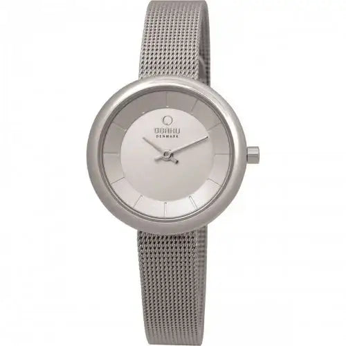 Obaku Stille V146LXCIMC ladies quartz watch with white dial and stainless steel mesh bracelet on white background