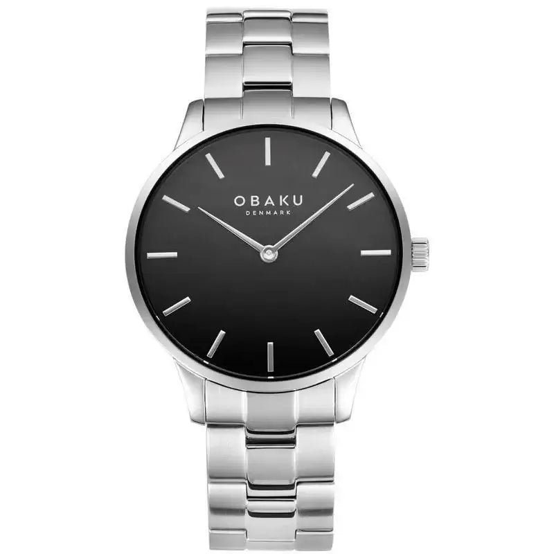 Obaku Lyng V247GXCBSC quartz watch with black dial and stainless steel bracelet on white background