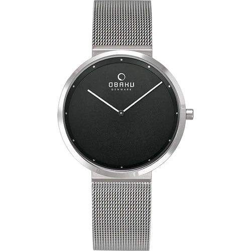 Obaku Papir Lille Onyx V230LXCBMC quartz watch with black dial, sapphire crystal, and stainless steel mesh bracelet on white background