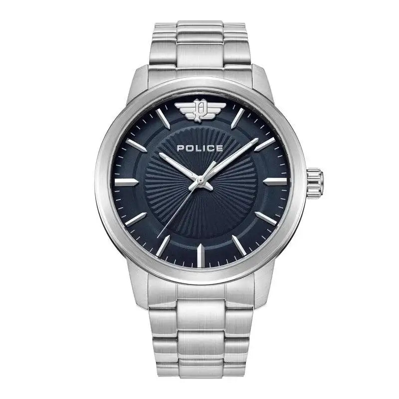 Police Raho PEWJG2227404 quartz watch with blue sunray guilloche dial and stainless steel bracelet, 44mm case