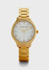 Police Tropea women's quartz watch with white mother-of-pearl dial, crystal indexes, and gold-plated stainless steel bracelet