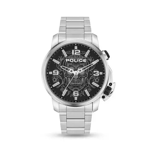 Police Ferndale PEWJJ2110003 stainless steel chronograph watch with black skull dial and integrated bracelet