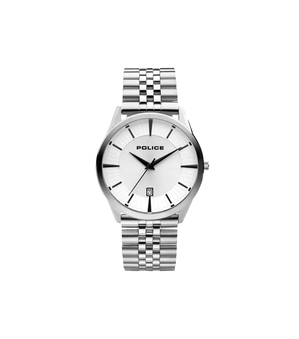 Police Patriot 15305JS/04MM quartz watch with silver dial, 44mm stainless steel case, and five-link bracelet on white background