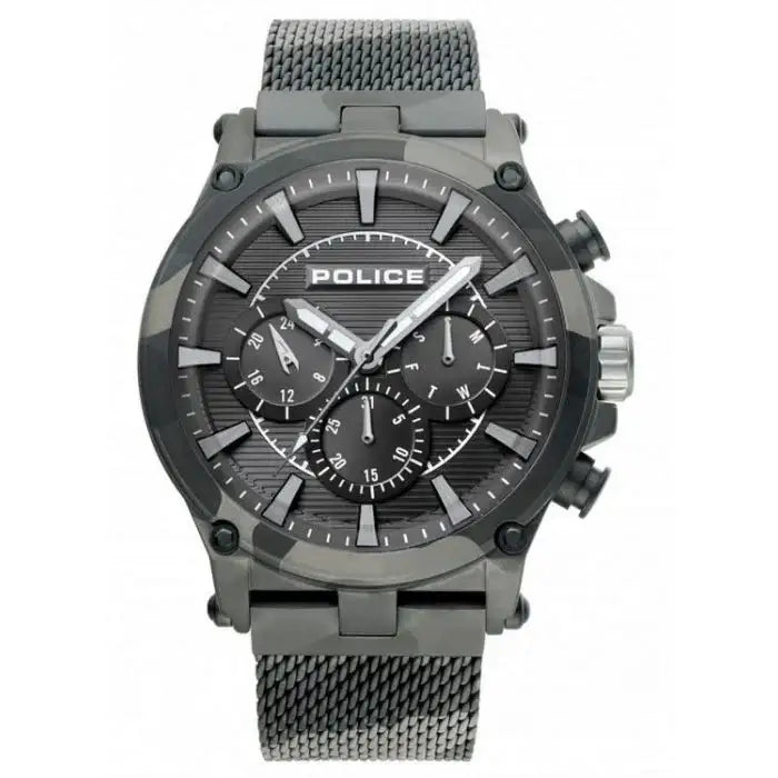Police Taman PL15920JSMB02MM quartz chronograph watch with black textured dial, gun-plated stainless steel case, and camouflage mesh bracelet