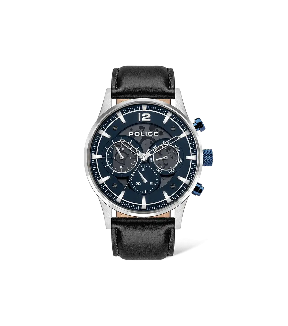 Police Driver PEWJF2002801 quartz chronograph watch with 45mm stainless steel case, blue multifunction dial, and black leather strap