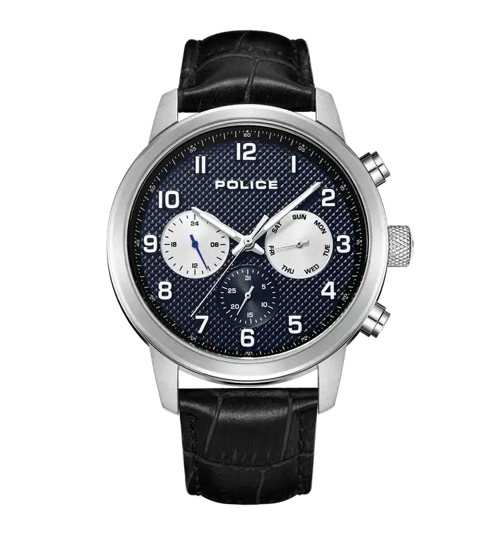 Police Raho PEWJK2228202 multifunction quartz watch with navy blue textured dial, 44mm stainless steel case, and black crocodile-embossed leather strap