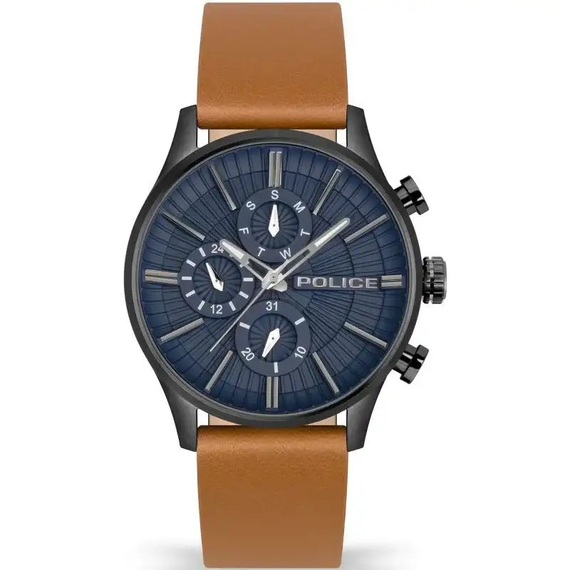 POLICE Barter multifunction chronograph watch with blue sunburst dial, gunmetal grey 44mm stainless steel case, and tan brown leather strap
