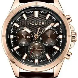 Police Malawi PEWJF2204103 rose gold PVD chronograph watch with brown honeycomb textured dial and brown leather strap on white background