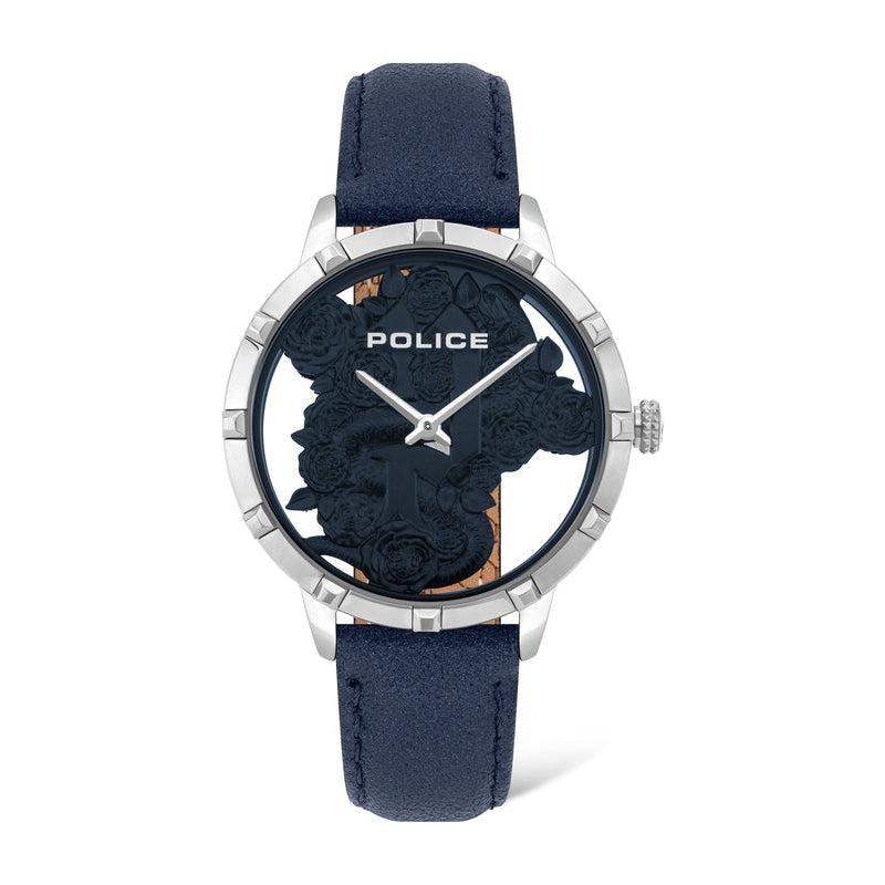 Police Marietas PL16041MS03 ladies quartz watch with blue floral cut-out dial, 36mm stainless steel case and navy leather strap