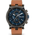 Police Taman PEWJF2108601 quartz multifunction watch with 47mm grey stainless steel case, blue layered dial with day-date complications, and brown leather strap with steel links