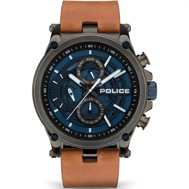 Police Taman PEWJF2108601 quartz multifunction watch with 47mm grey stainless steel case, blue layered dial with day-date complications, and brown leather strap with steel links