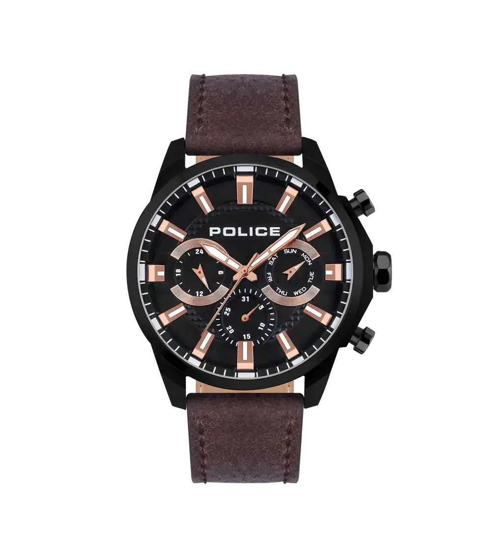 Police Menelik quartz chronograph watch with black dial rose gold indices brown leather strap PEWJF2204204